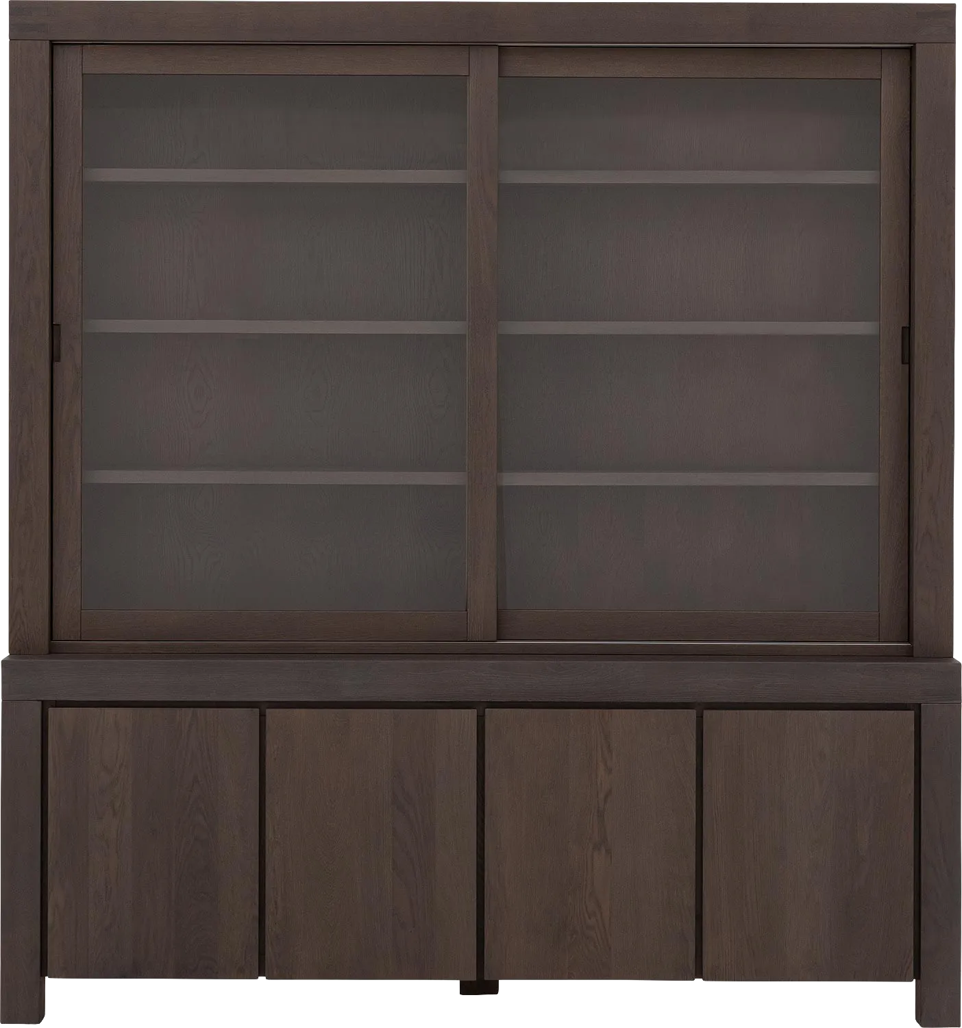 Goossens Buffetkast Clear, 2 glasdeuren boven, 4 dichte deuren onder, donker bruin eiken, 210 x 225 x 45 cm, stijlvol landelijk