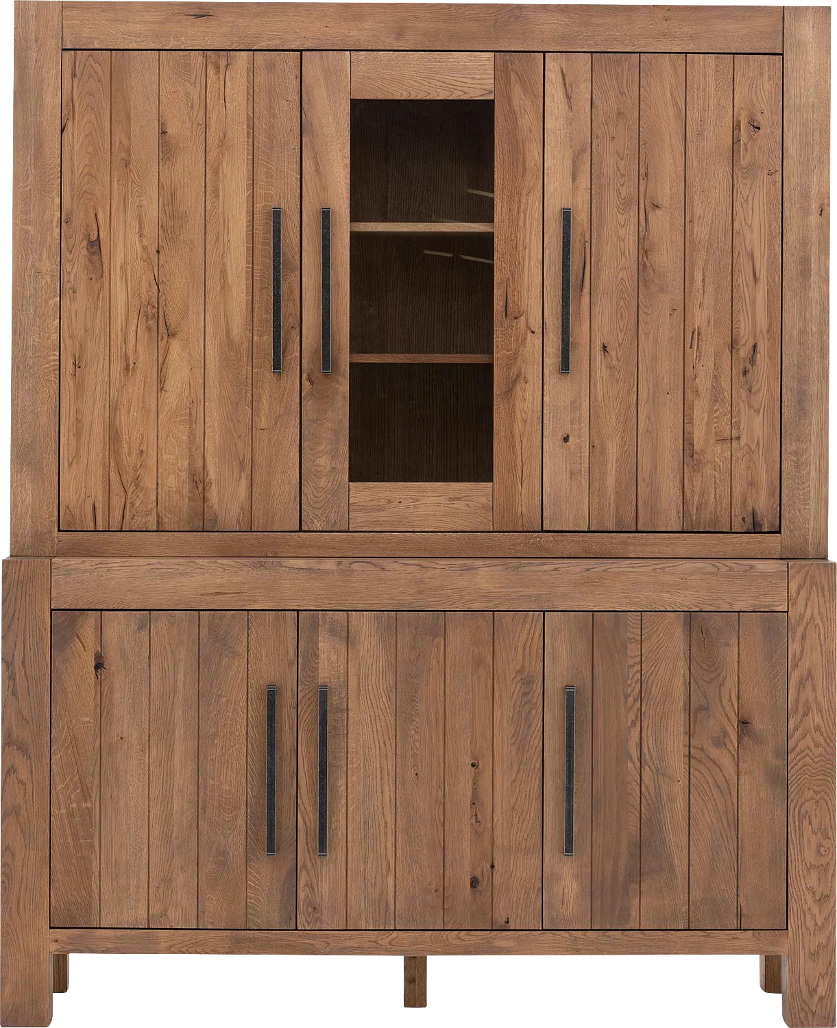 Goossens Buffetkast Roots, 1 glasdeur 5 dichte deuren, donkergrijs eiken, 170 x 210 x 45 cm, stijlvol landelijk