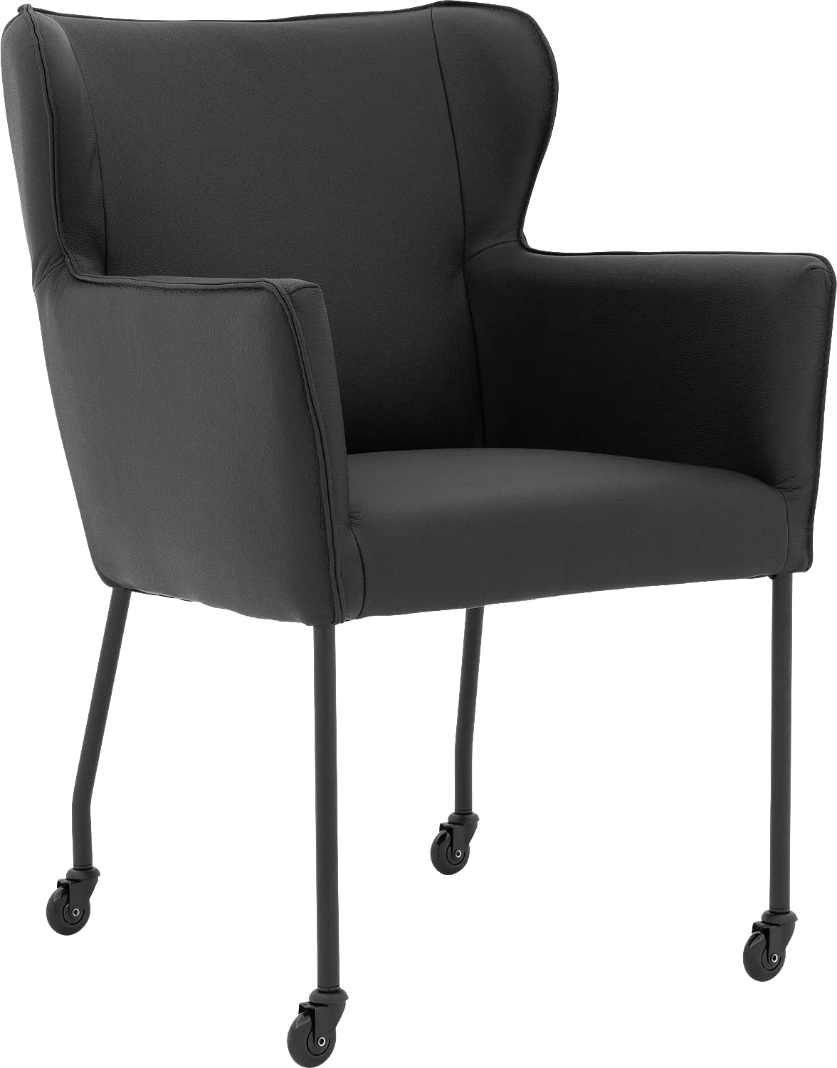 Eetkamerstoel Leogang zwart leer met armleuning en met wielenZwart skater wiel met zwarte kap, elegant chic Zwart