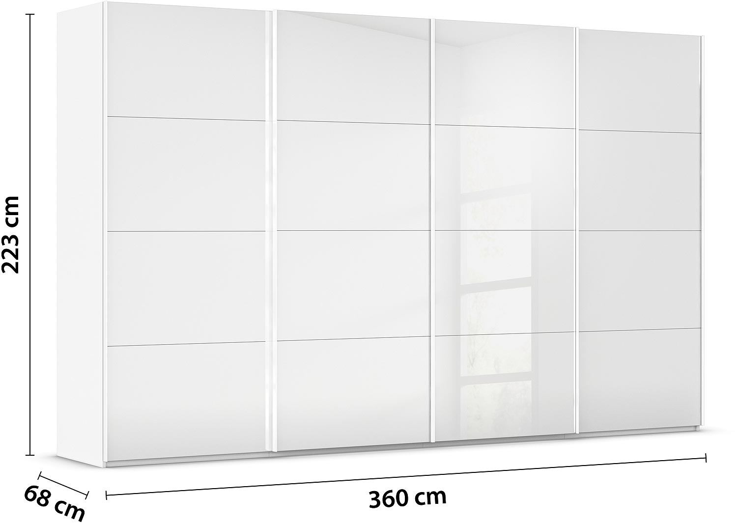 Goossens Excellent Kledingkast Finca Glans Glas, Slaapkamerkast 360 cm breed, 223 cm hoog, 4x 4 paneel glas schuifdeuren