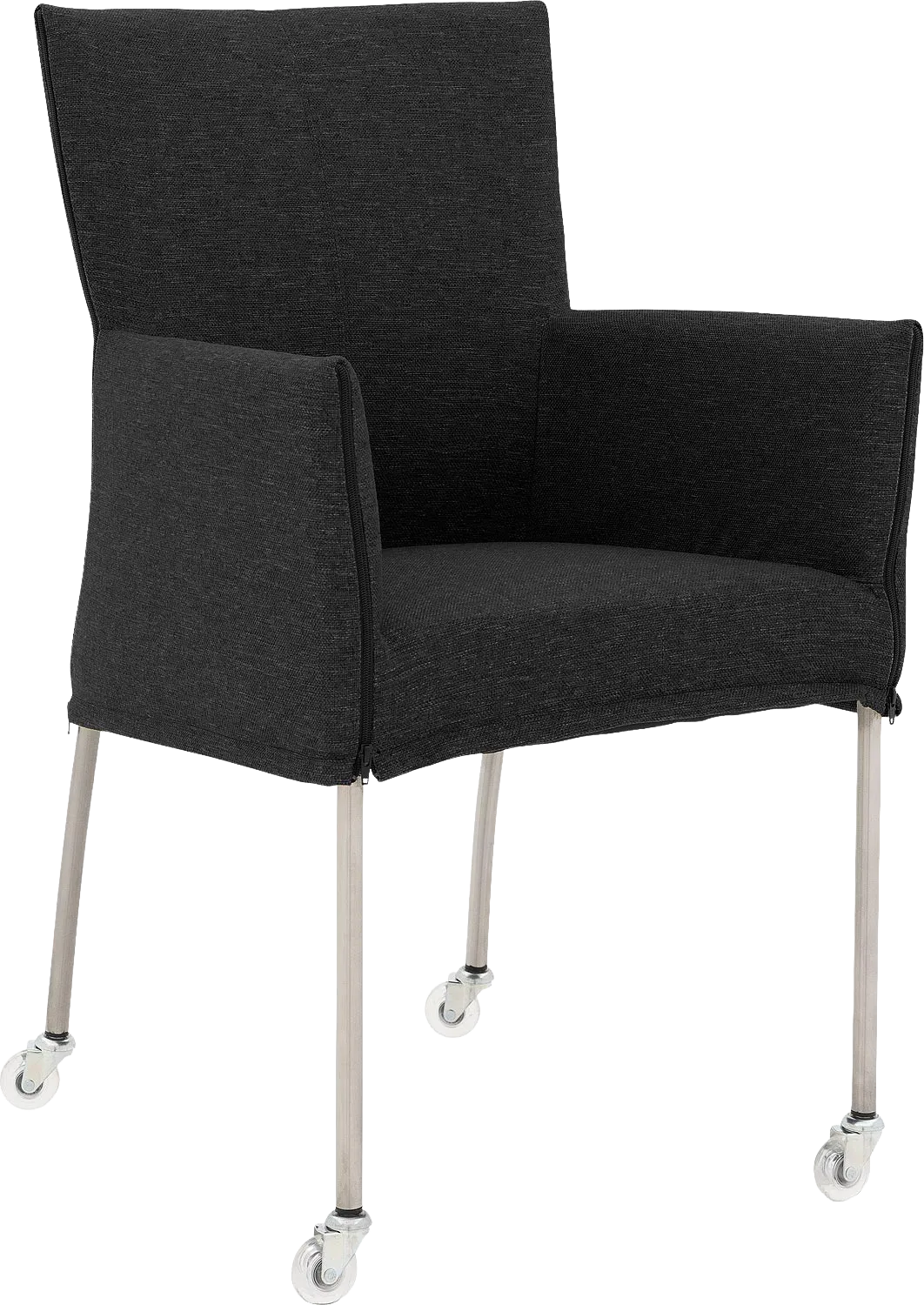 Goossens Eetkamerstoel Funk RVS Poten antraciet stof met armleuning en met wielenTransparant skater wiel met rvs kap, modern design
