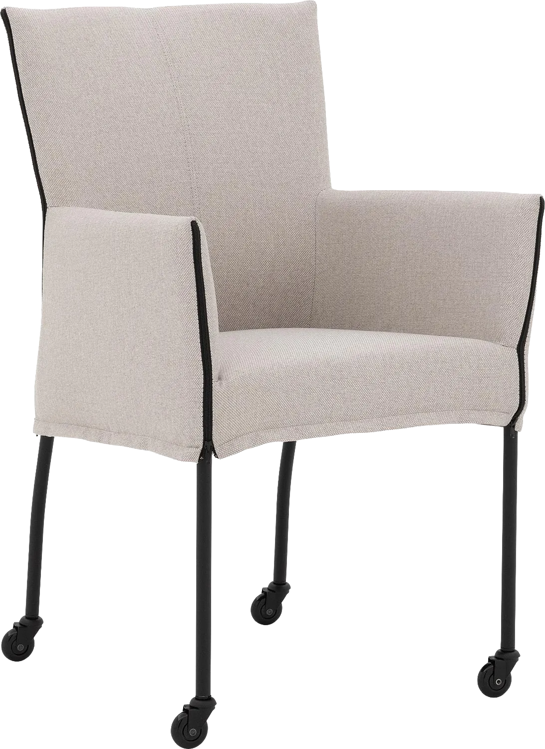 Goossens Eetkamerstoel Funk Zwarte Poten beige stof met armleuning en met wielenZwart skater wiel met zwarte kap, modern design