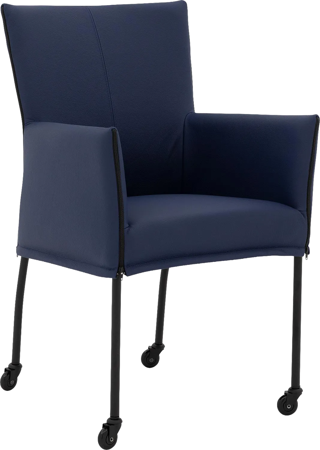 Goossens Eetkamerstoel Funk Zwarte Poten blauw leer met armleuning en Zwart skater wiel met zwarte kapmet wielen, modern design