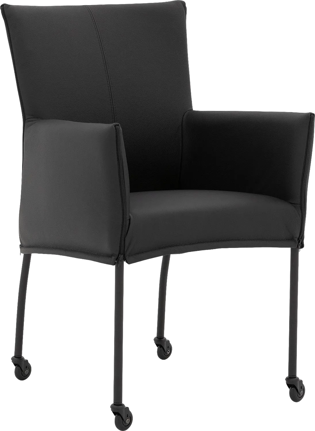 Goossens Eetkamerstoel Funk Zwarte Poten zwart leer met armleuning en Zwart skater wiel met zwarte kapmet wielen, modern design
