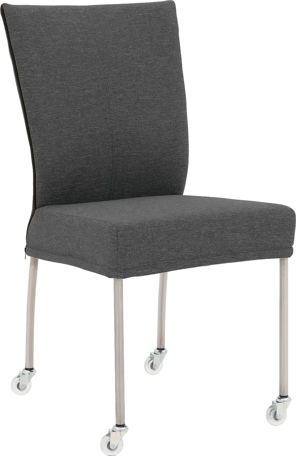 Goossens Eetkamerstoel Funk RVS Poten donkergrijs stof leuning en met wielenTransparant skater wiel met rvs kap, modern design