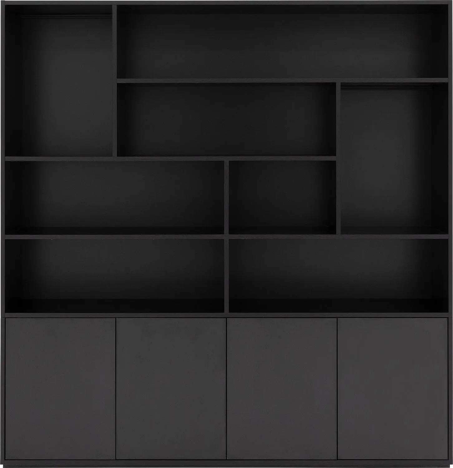 Goossens Basic Buffetkast Madrid, 4 dichte deuren 8 open vakken, zwart melamine, 184 x 191 x 45 cm, elegant chic