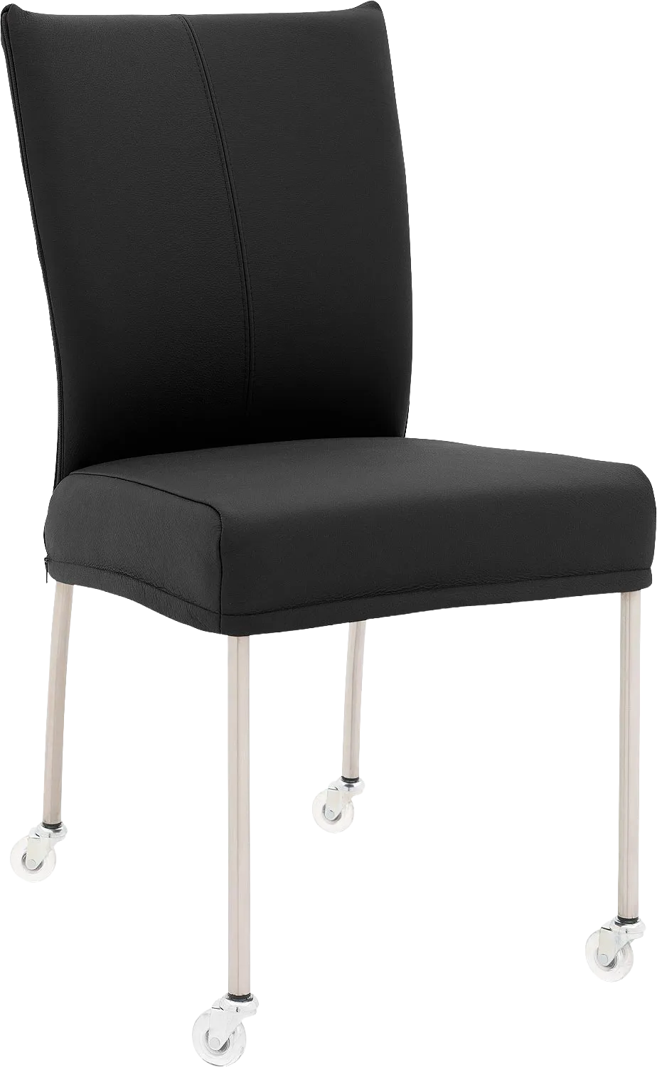 Goossens Eetkamerstoel Funk RVS Poten zwart leer leuning en met wielenTransparant skater wiel met rvs kap, modern design