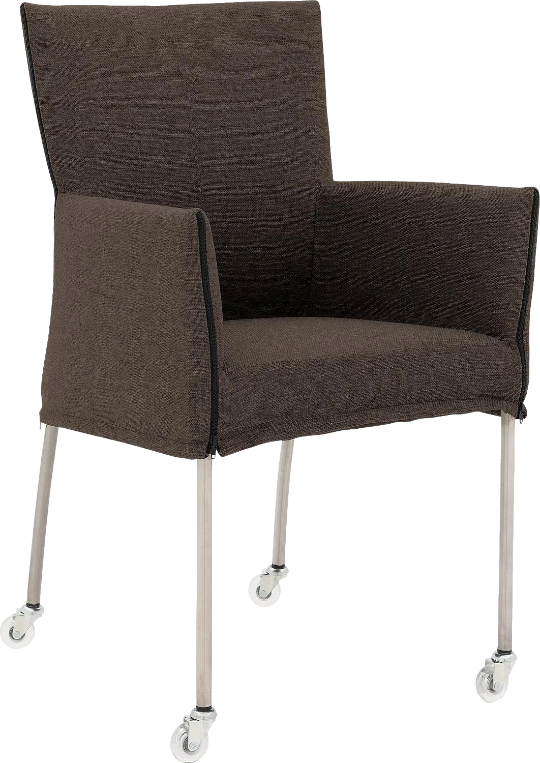 Goossens Eetkamerstoel Funk RVS Poten bruin stof met armleuning en met wielenTransparant skater wiel met rvs kap, modern design