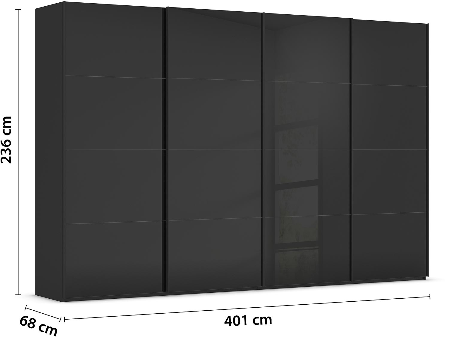 Goossens Excellent Kledingkast Finca Glans Glas, Slaapkamerkast 400 cm breed, 236 cm hoog, 4x 4 paneel glas schuifdeuren