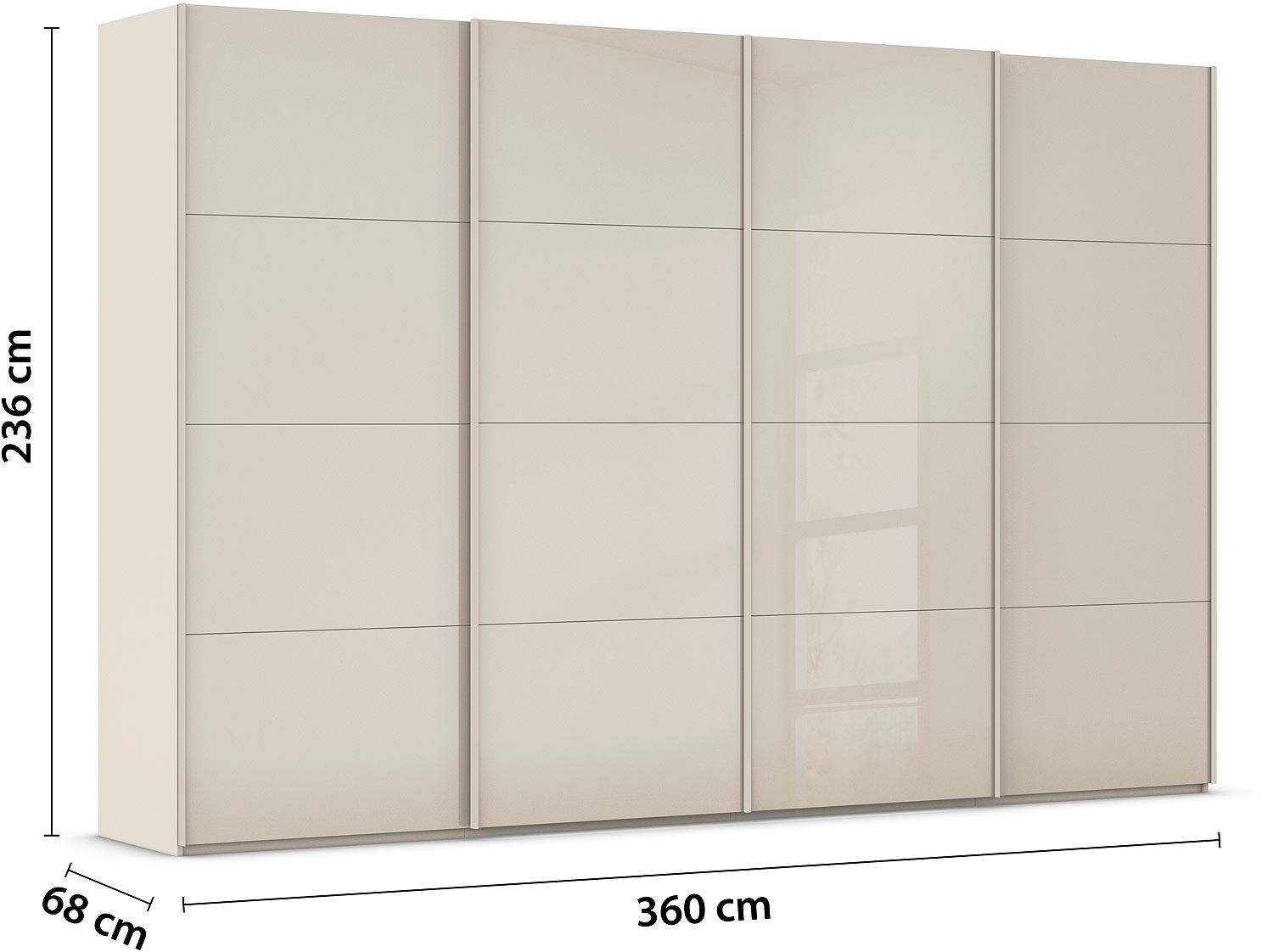 Goossens Excellent Kledingkast Finca Glans Glas, Slaapkamerkast 360 cm breed, 236 cm hoog, 4x 4 paneel glas schuifdeuren