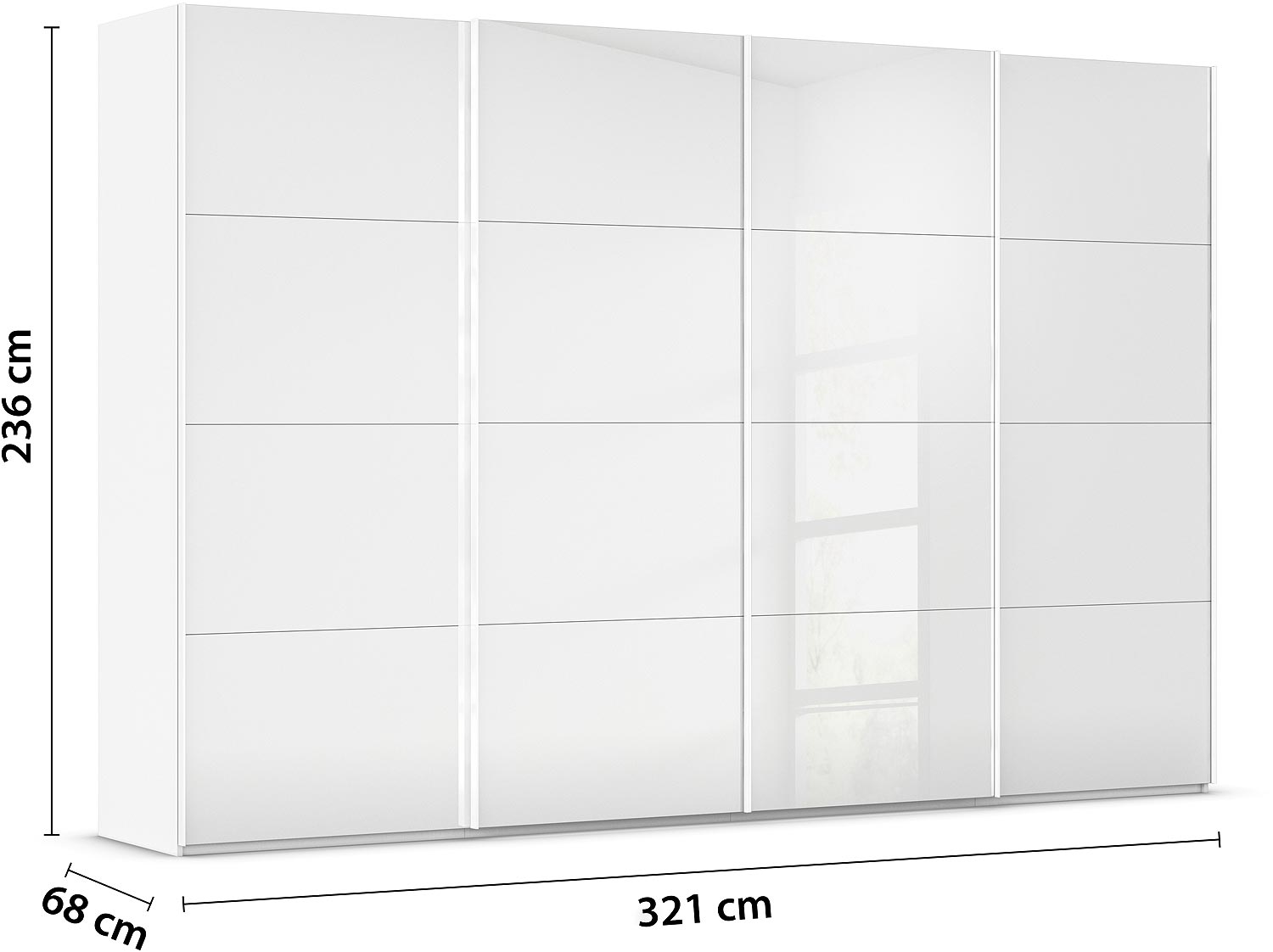 Goossens Excellent Kledingkast Finca Glans Glas, Slaapkamerkast 320 cm breed, 236 cm hoog, 4x 4 paneel glas schuifdeuren