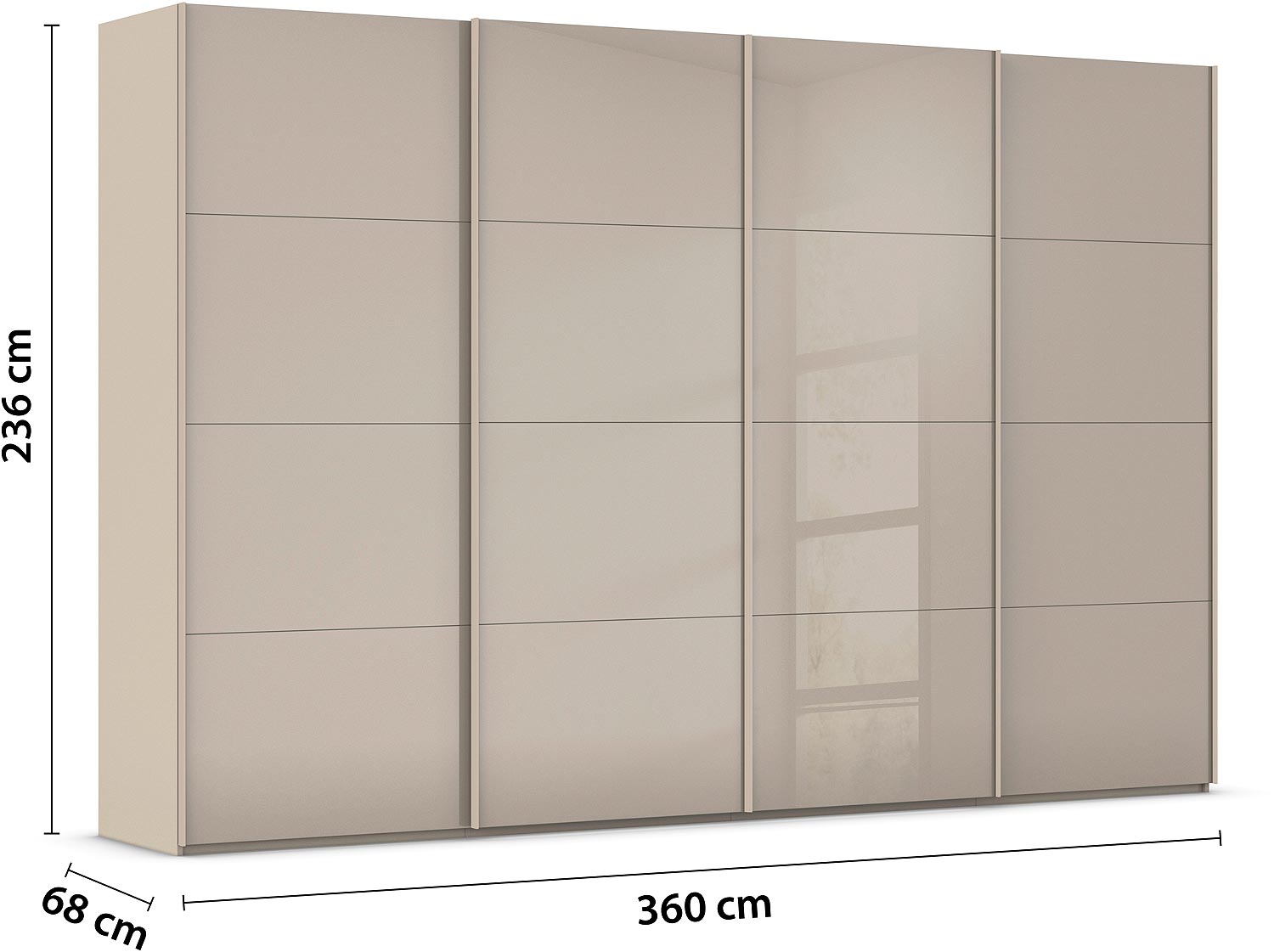 Goossens Excellent Kledingkast Finca Glans Glas, Slaapkamerkast 360 cm breed, 236 cm hoog, 4x 4 paneel glas schuifdeuren