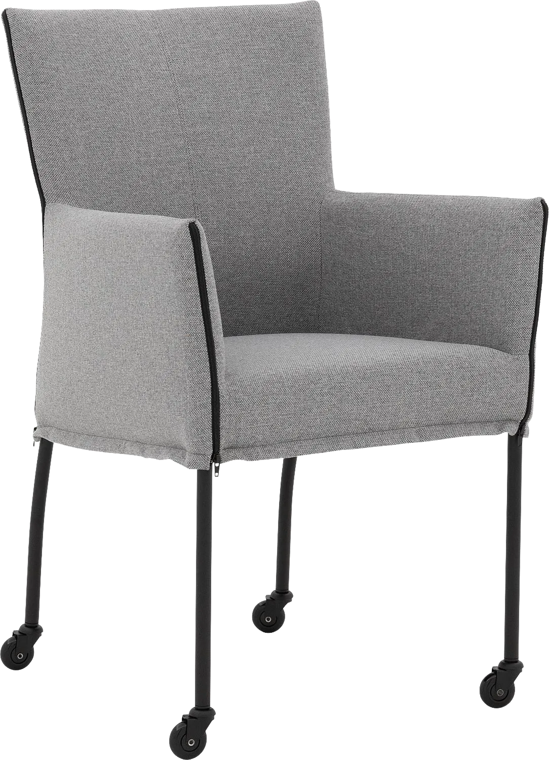 Goossens Eetkamerstoel Funk Zwarte Poten grijs stof met armleuning en met wielenZwart skater wiel met zwarte kap, modern design