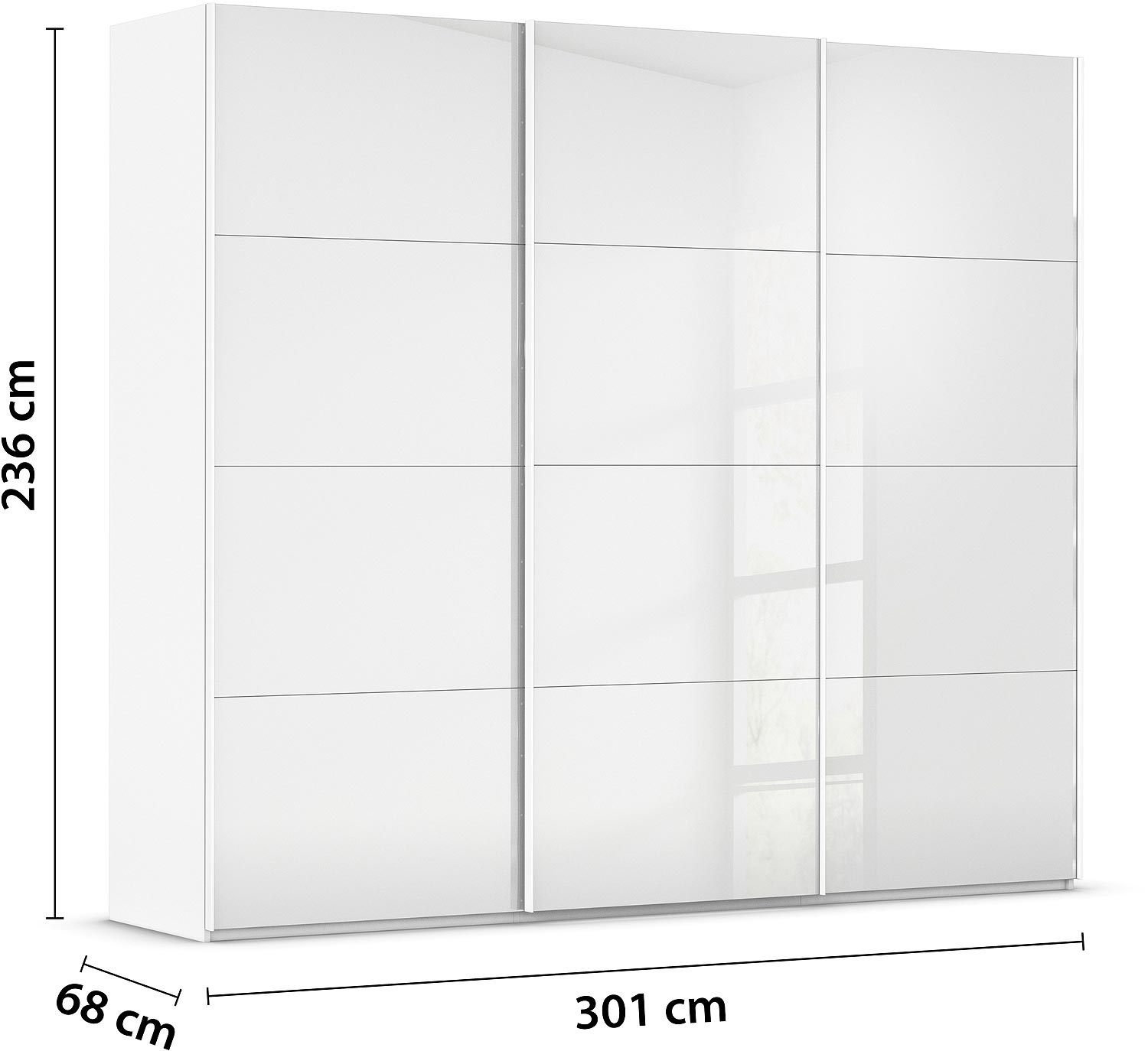 Goossens Excellent Kledingkast Finca Glans Glas, Slaapkamerkast 300 cm breed, 236 cm hoog, 3x 4 paneel glas schuifdeuren