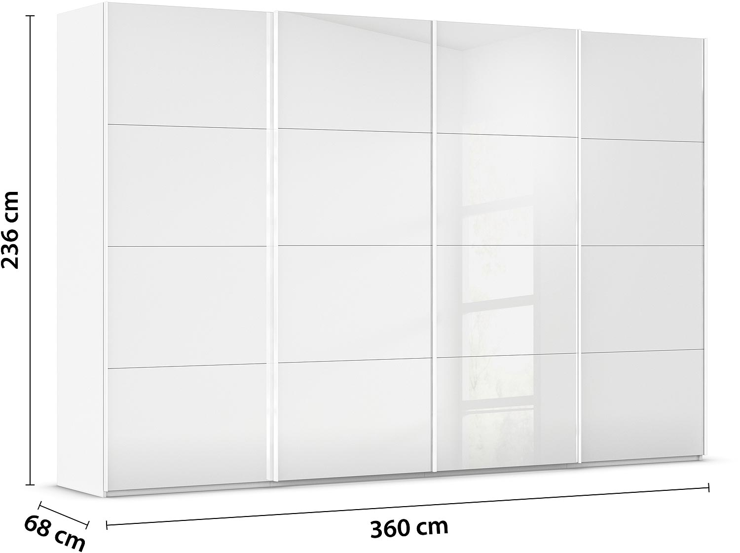 Goossens Excellent Kledingkast Finca Glans Glas, Slaapkamerkast 360 cm breed, 236 cm hoog, 4x 4 paneel glas schuifdeuren