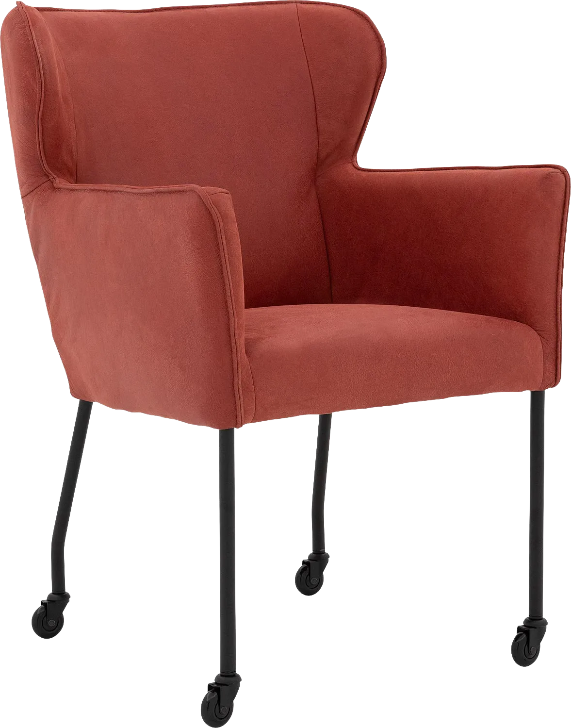 Goossens Excellent Eetkamerstoel Leogang rood leer met armleuning en Zwart skater wiel met zwarte kapmet wielen, elegant chic