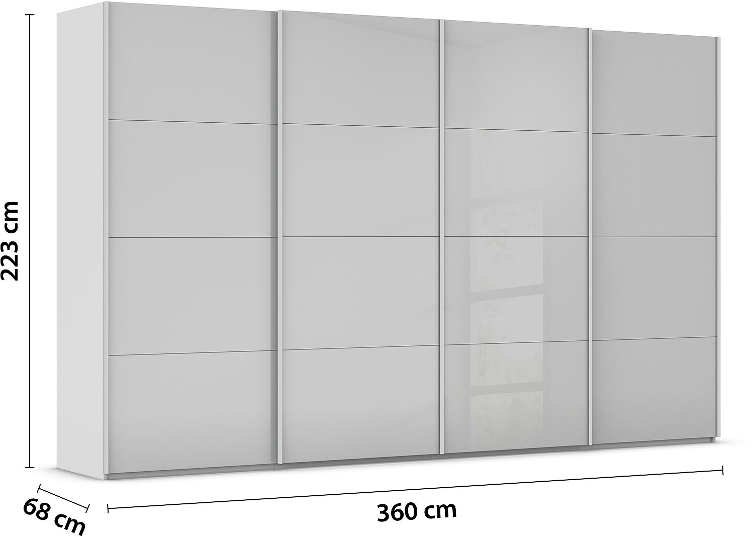 Goossens Excellent Kledingkast Finca Glans Glas, Slaapkamerkast 360 cm breed, 223 cm hoog, 4x 4 paneel glas schuifdeuren