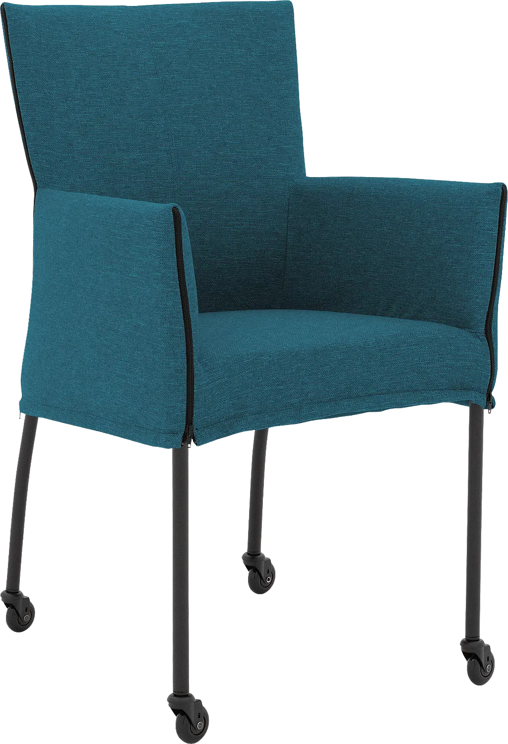 Goossens Eetkamerstoel Funk Zwarte Poten blauw stof met armleuning en Zwart skater wiel met zwarte kapmet wielen, modern design