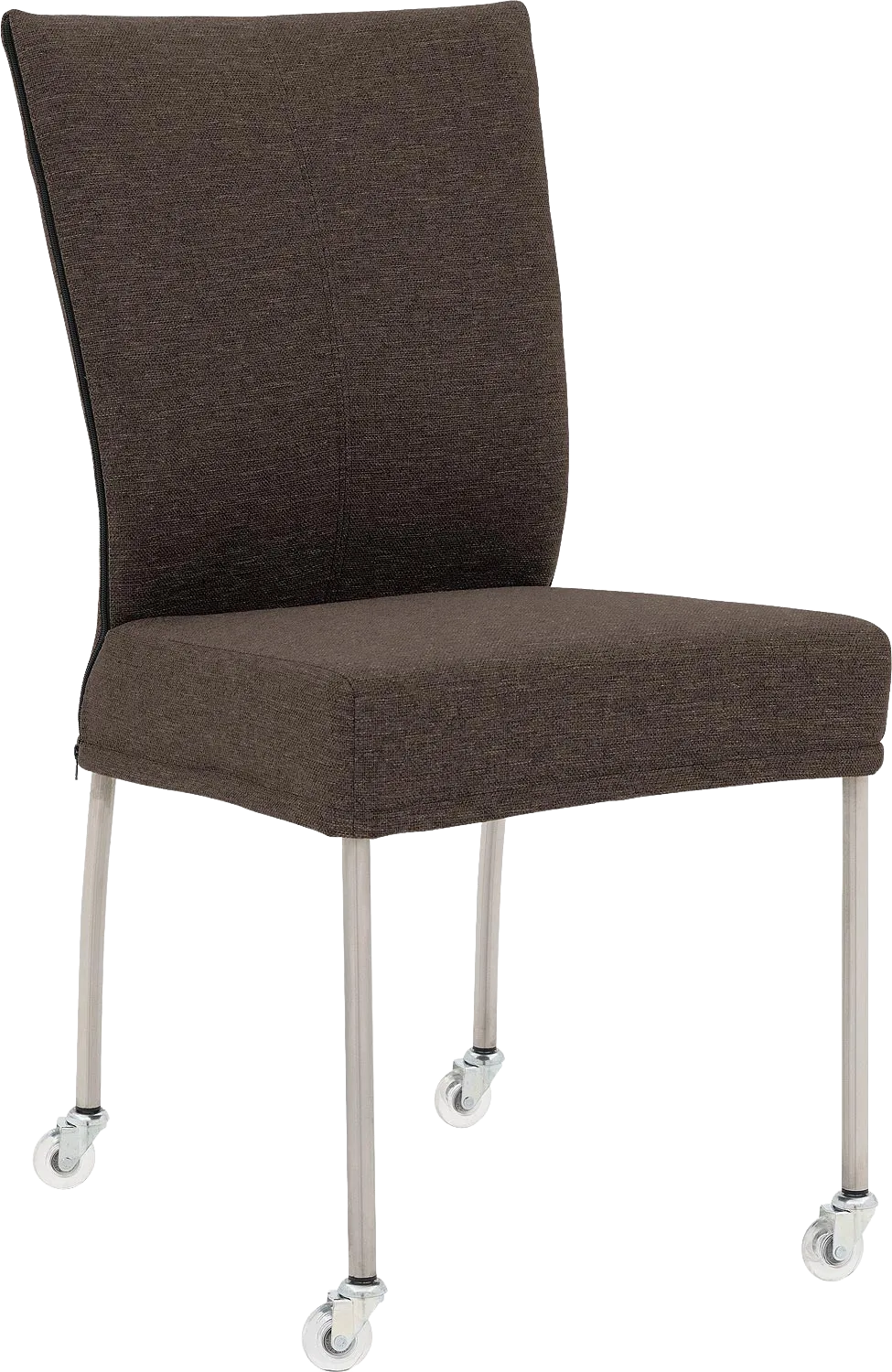 Goossens Eetkamerstoel Funk RVS Poten bruin stof leuning en Transparant skater wiel met rvs kapmet wielen, modern design