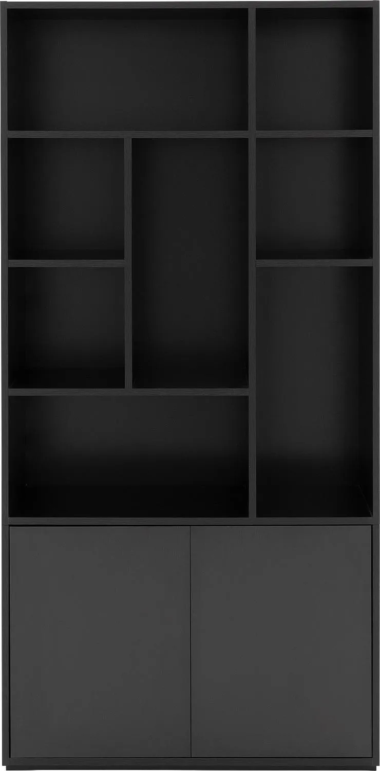Goossens Basic Buffetkast Madrid, 2 dichte deuren 8 open vakken, zwart melamine, 94 x 191 x 45 cm, elegant chic