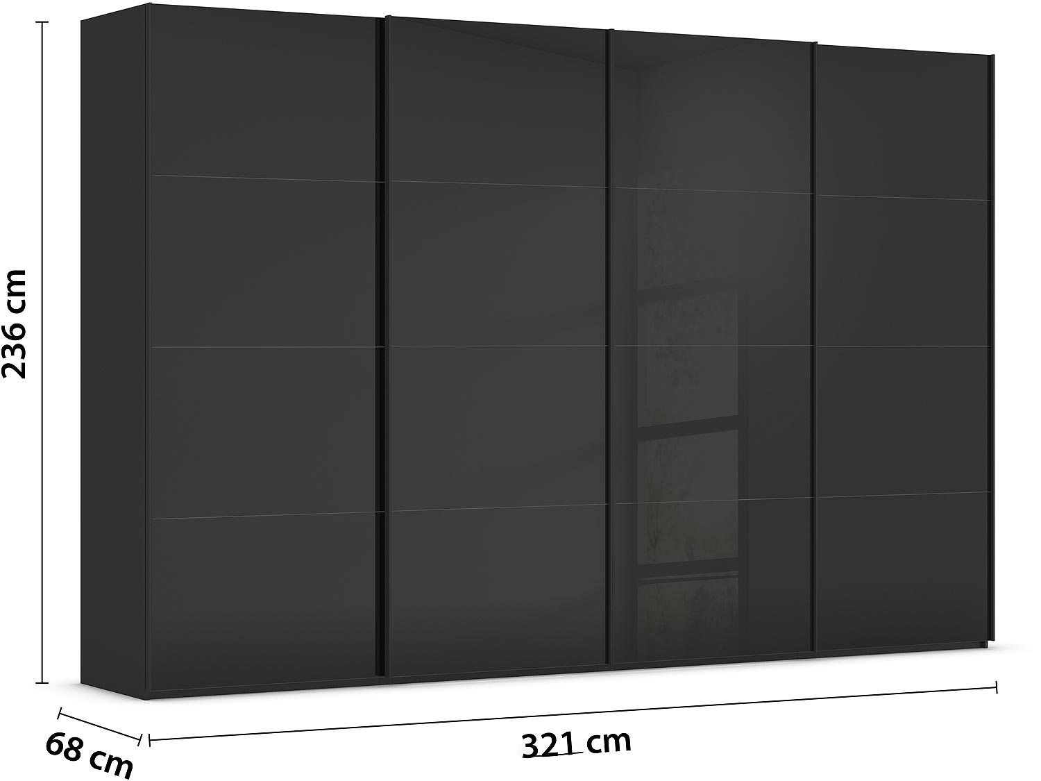 Goossens Excellent Kledingkast Finca Glans Glas, Slaapkamerkast 320 cm breed, 236 cm hoog, 4x 4 paneel glas schuifdeuren