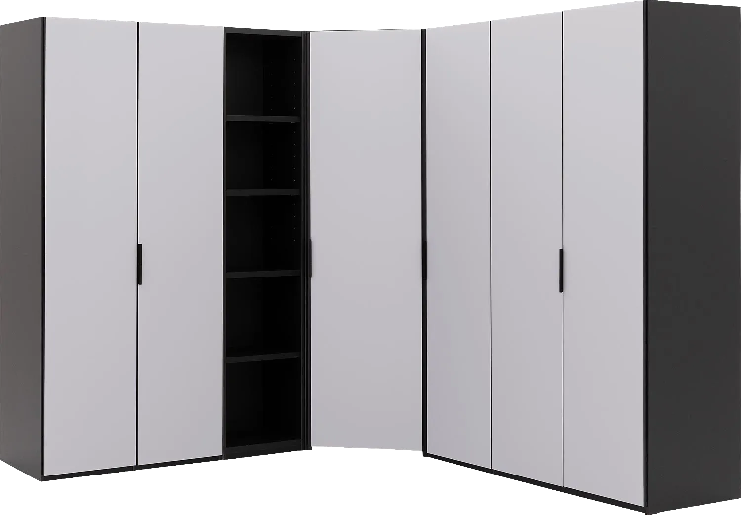 Goossens Excellent Kast Systeem Statement Compleet, 6 draaideuren, 50 cm breed rek, met hoekkast inloop 45 graden 255 cm breed 223 cm hoog 255 cm diep