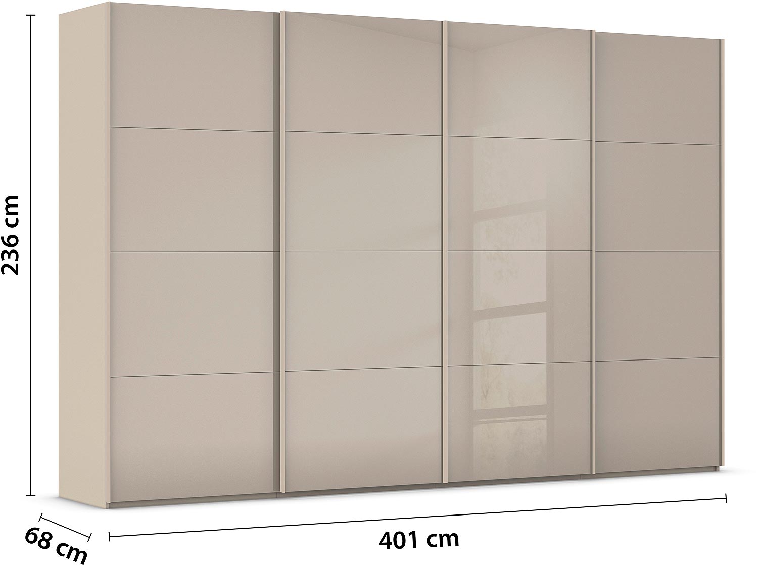 Goossens Excellent Kledingkast Finca Glans Glas, Slaapkamerkast 400 cm breed, 236 cm hoog, 4x 4 paneel glas schuifdeuren
