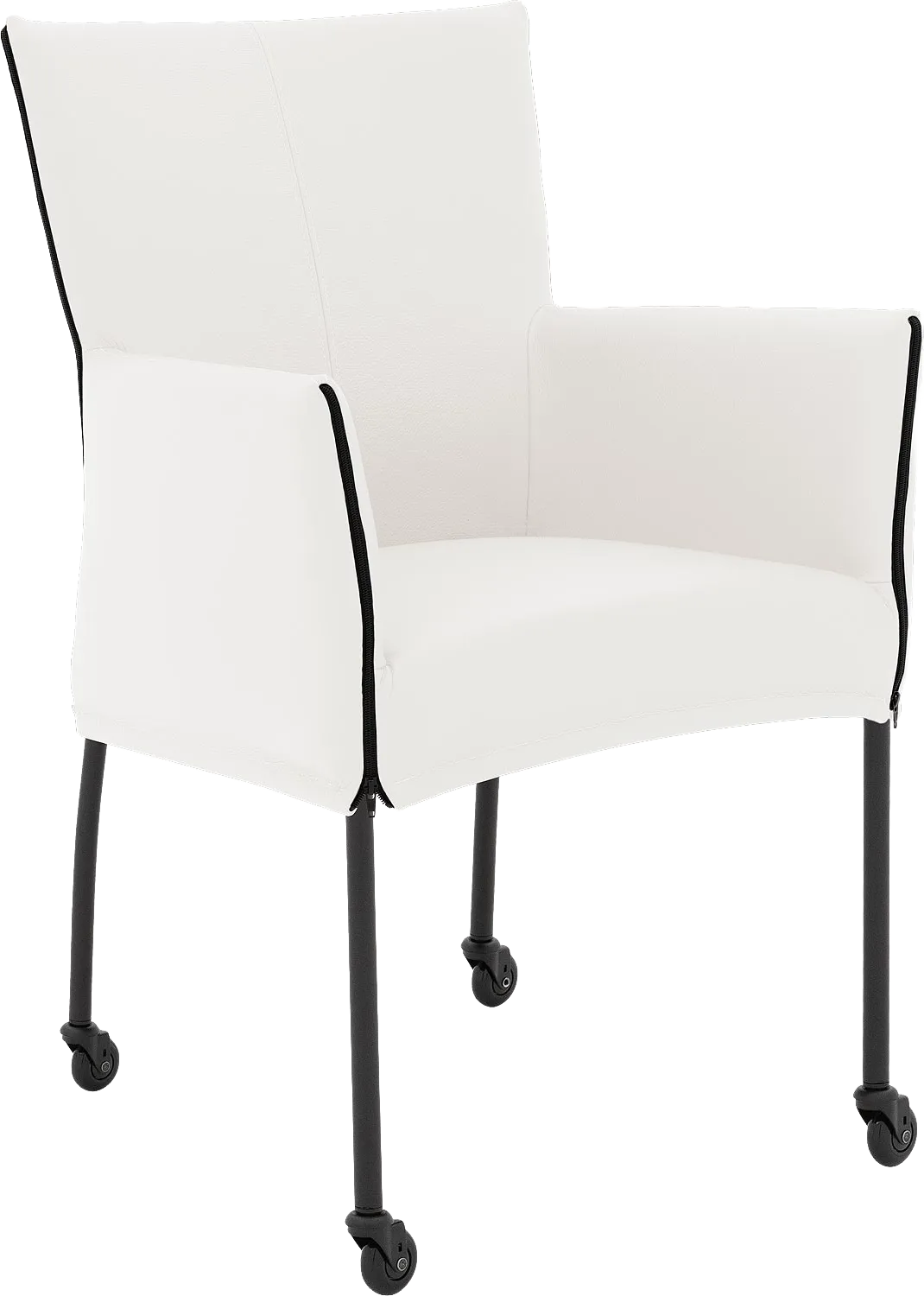 Goossens Eetkamerstoel Funk Zwarte Poten wit leer met armleuning en met wielenZwart skater wiel met zwarte kap, modern design