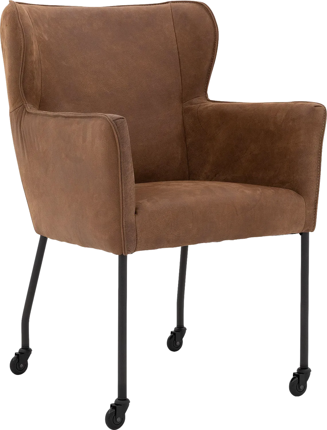 Goossens Excellent Eetkamerstoel Leogang bruin leer met armleuning en met wielenZwart skater wiel met zwarte kap, elegant chic
