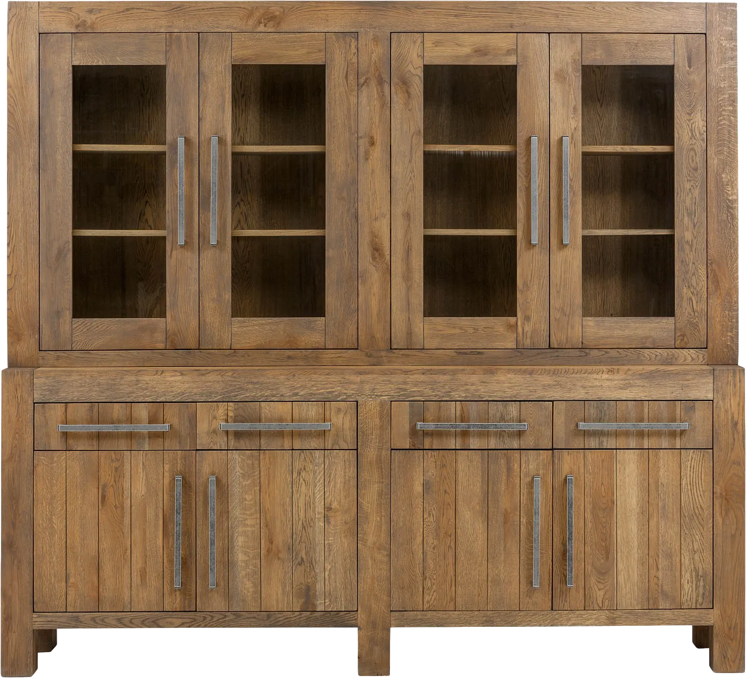 Goossens Buffetkast Roots, 4 glasdeuren 4 dichte deuren 4 laden, donkergrijs eiken, 230 x 210 x 45 cm, stijlvol landelijk
