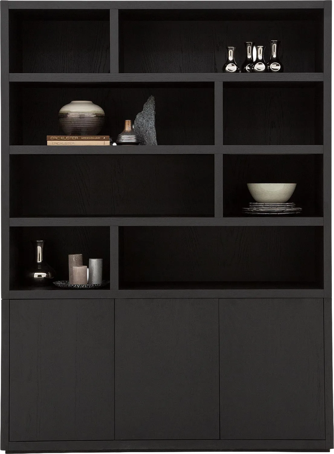 Goossens Buffetkast Barcelona, 3 deuren 8 open vakken, zwart eiken, 158 x 212 x 45 cm, stijlvol landelijk