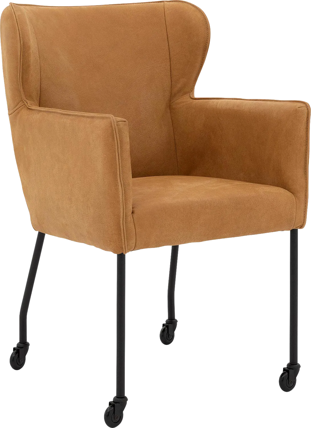 Goossens Excellent Eetkamerstoel Leogang cognac leer met armleuning en Zwart skater wiel met zwarte kapmet wielen, elegant chic