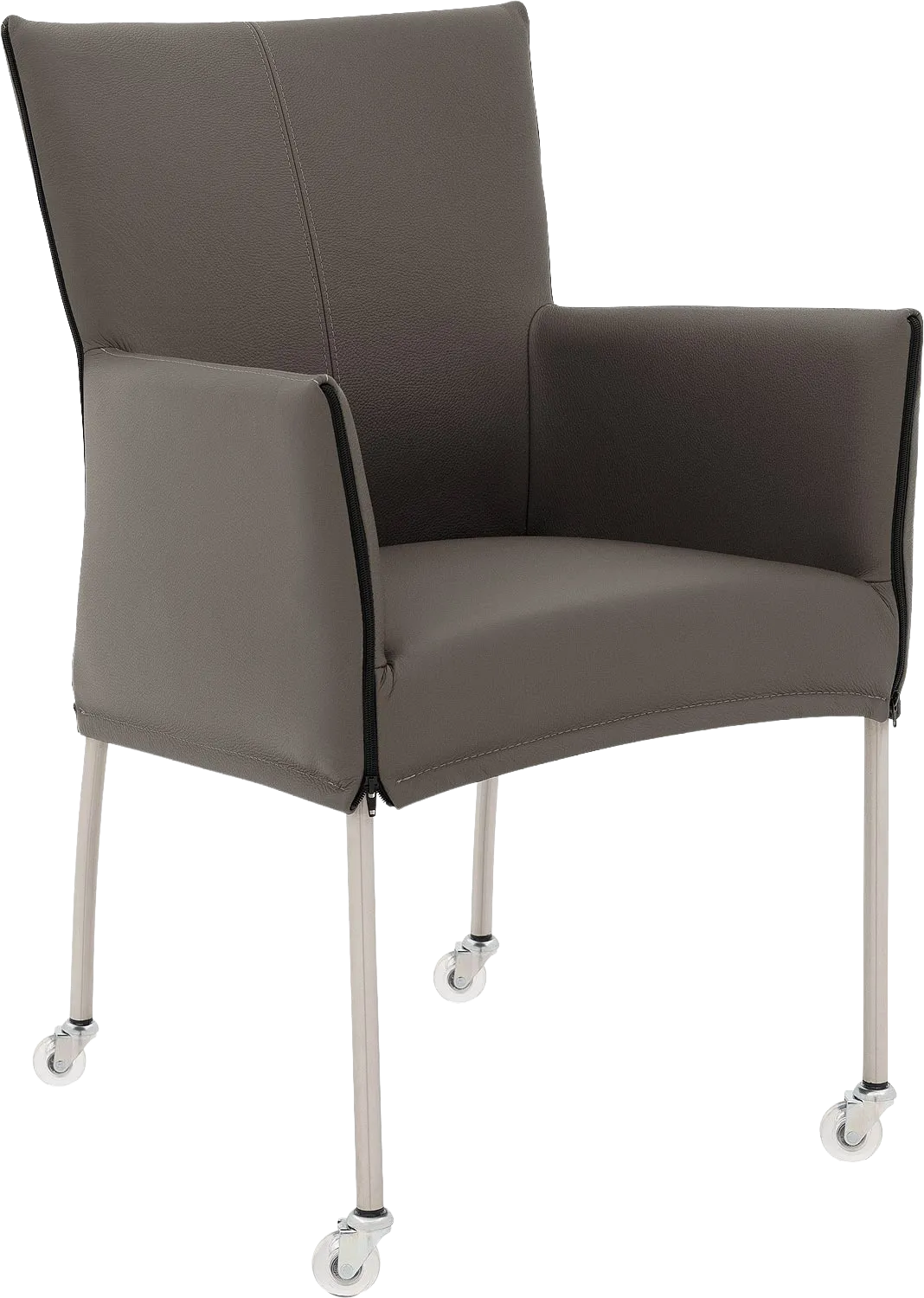 Goossens Eetkamerstoel Funk RVS Poten grijs leer met armleuning en met wielenTransparant skater wiel met rvs kap, modern design