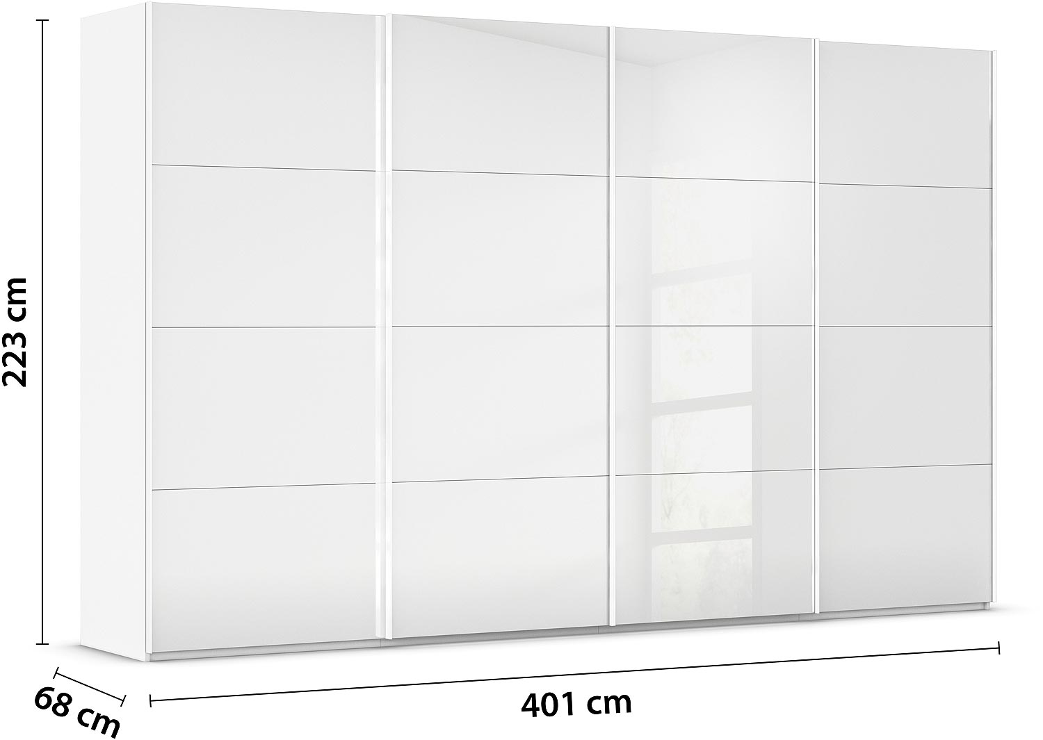 Goossens Excellent Kledingkast Finca Glans Glas, Slaapkamerkast 400 cm breed, 223 cm hoog, 4x 4 paneel glas schuifdeuren