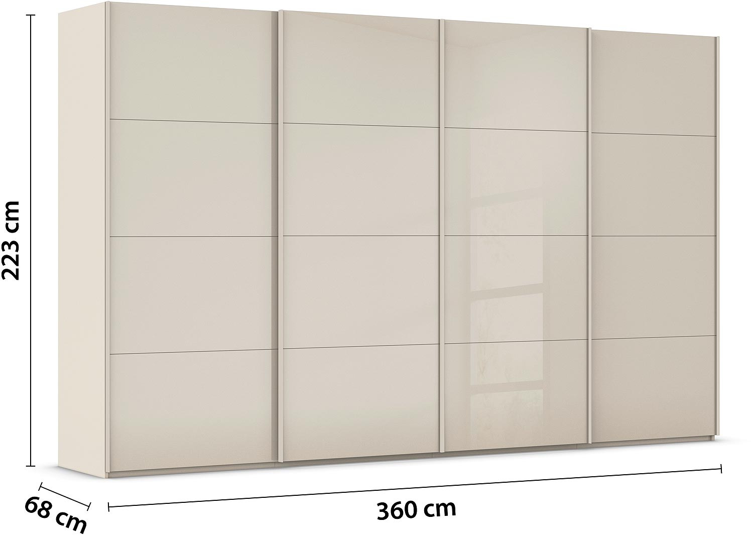 Goossens Excellent Kledingkast Finca Glans Glas, Slaapkamerkast 360 cm breed, 223 cm hoog, 4x 4 paneel glas schuifdeuren
