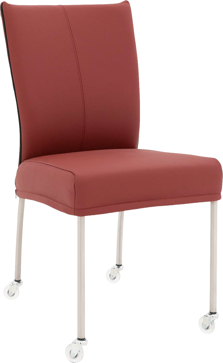 Goossens Eetkamerstoel Funk RVS Poten rood leer leuning en met wielenTransparant skater wiel met rvs kap, modern design
