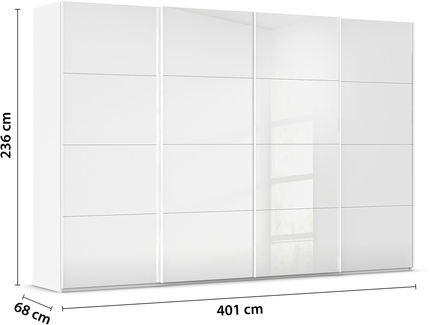 Goossens Excellent Kledingkast Finca Glans Glas, Slaapkamerkast 400 cm breed, 236 cm hoog, 4x 4 paneel glas schuifdeuren