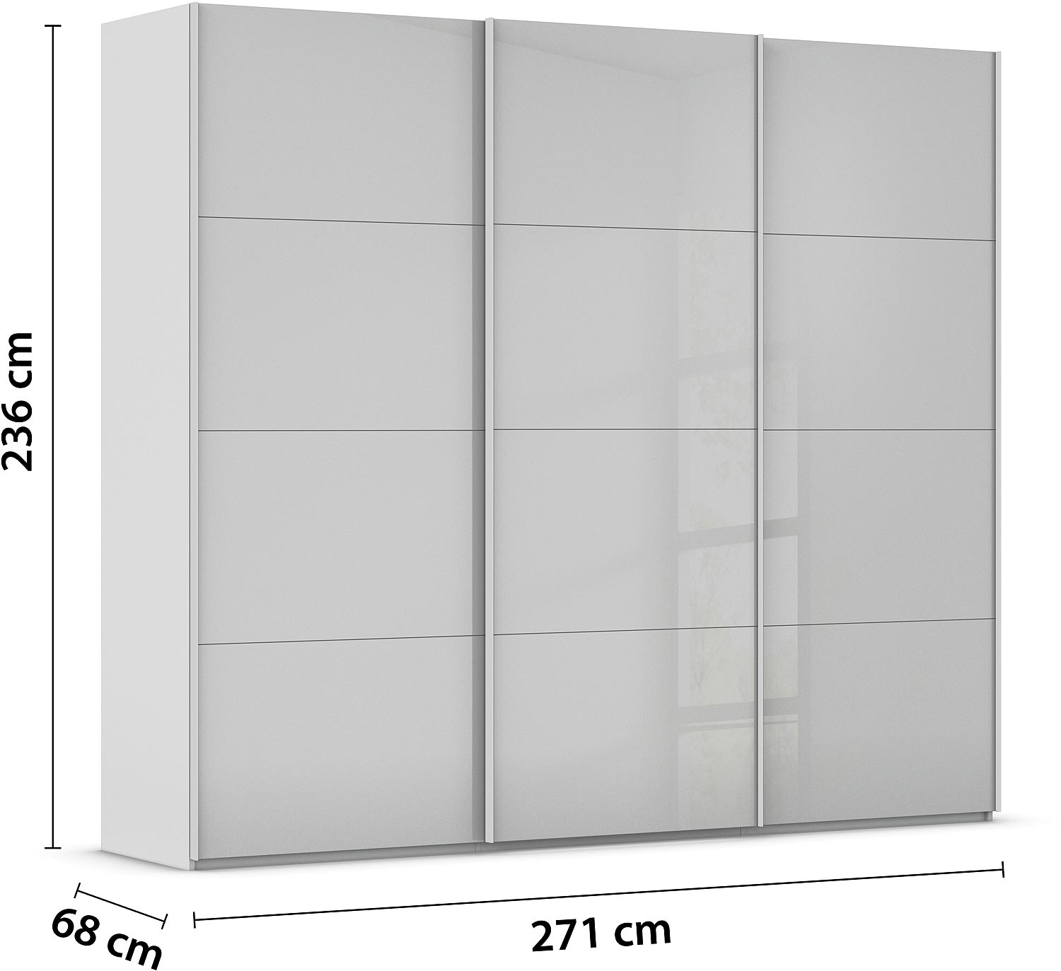 Goossens Excellent Kledingkast Finca Glans Glas, Slaapkamerkast 270 cm breed, 236 cm hoog, 3x 4 paneel glas schuifdeuren