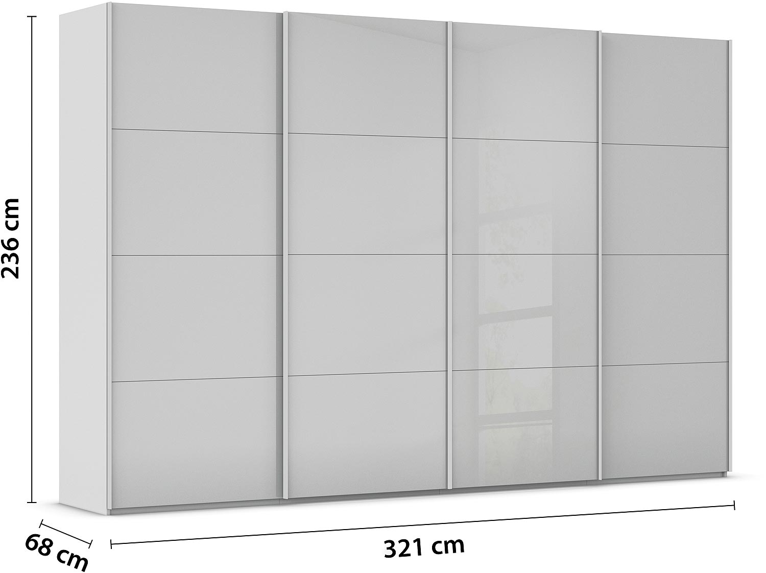 Goossens Excellent Kledingkast Finca Glans Glas, Slaapkamerkast 320 cm breed, 236 cm hoog, 4x 4 paneel glas schuifdeuren