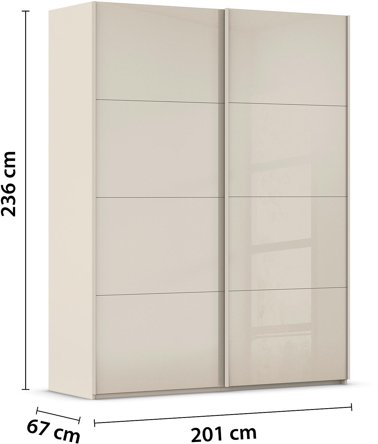 Goossens Excellent Kledingkast Finca Glans Glas, Slaapkamerkast 200 cm breed, 236 cm hoog, 2x 4 paneel glas schuifdeuren