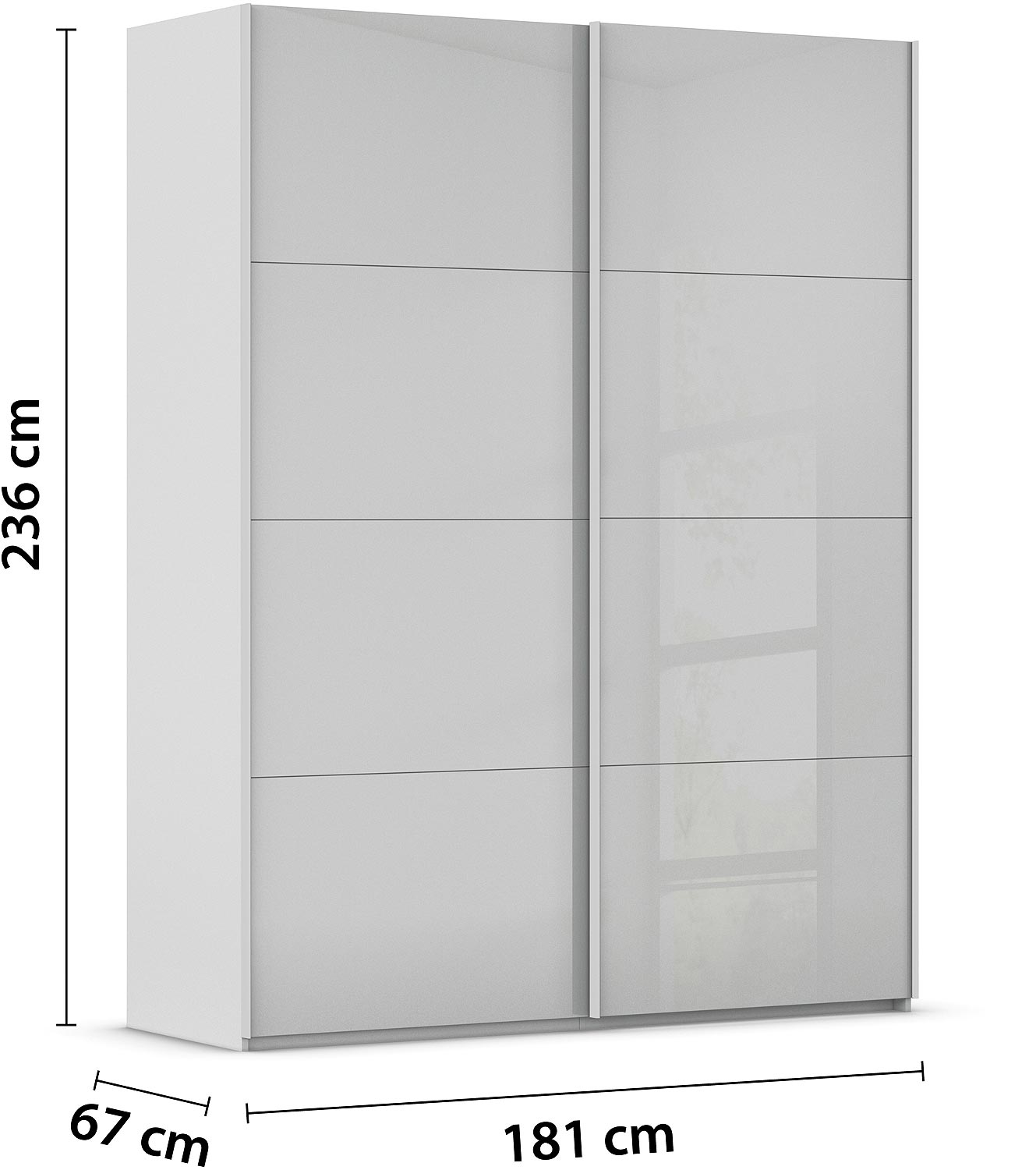 Goossens Excellent Kledingkast Finca Glans Glas, Slaapkamerkast 180 cm breed, 236 cm hoog, 2x 4 paneel glas schuifdeuren