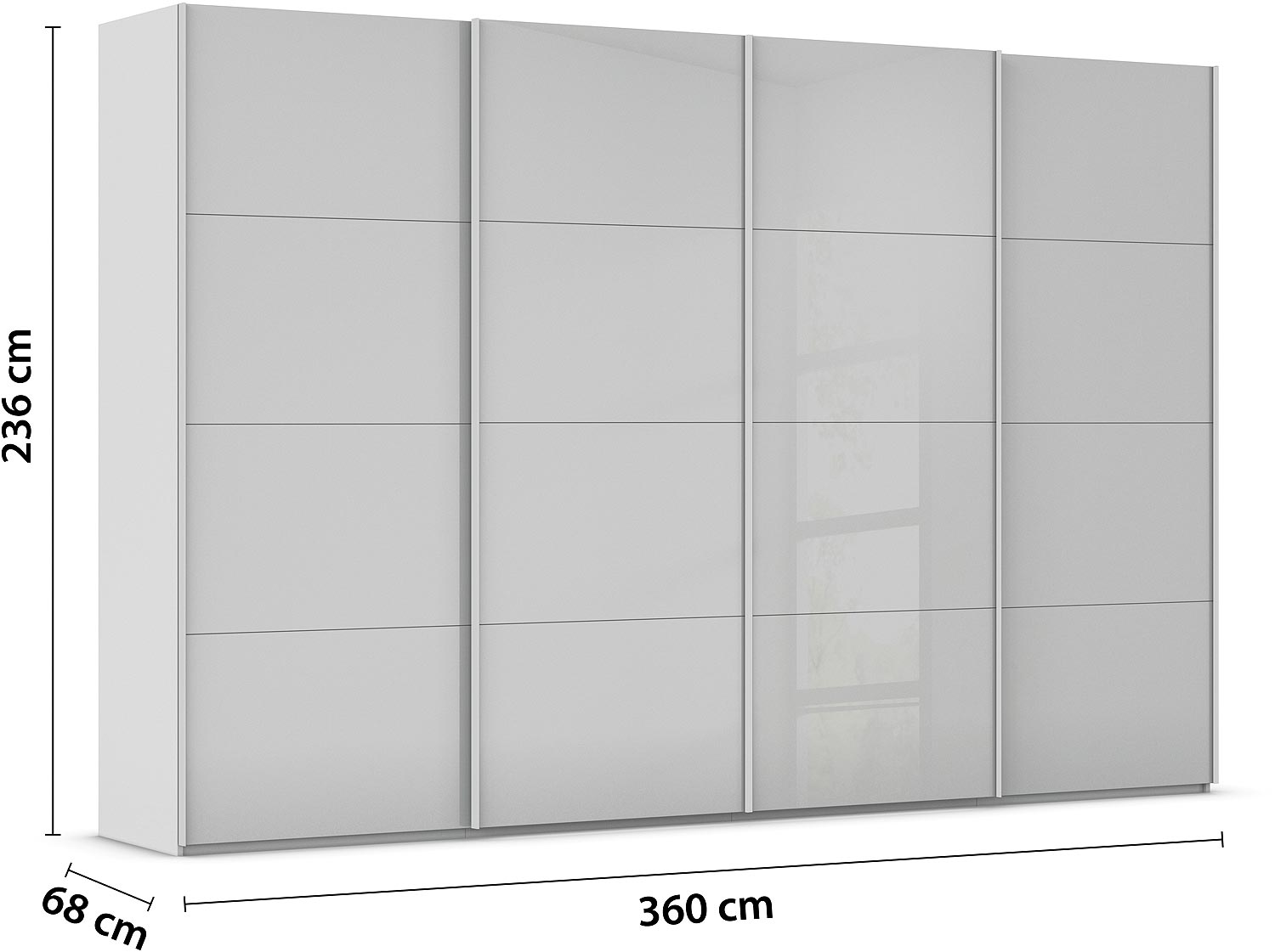 Goossens Excellent Kledingkast Finca Glans Glas, Slaapkamerkast 360 cm breed, 236 cm hoog, 4x 4 paneel glas schuifdeuren