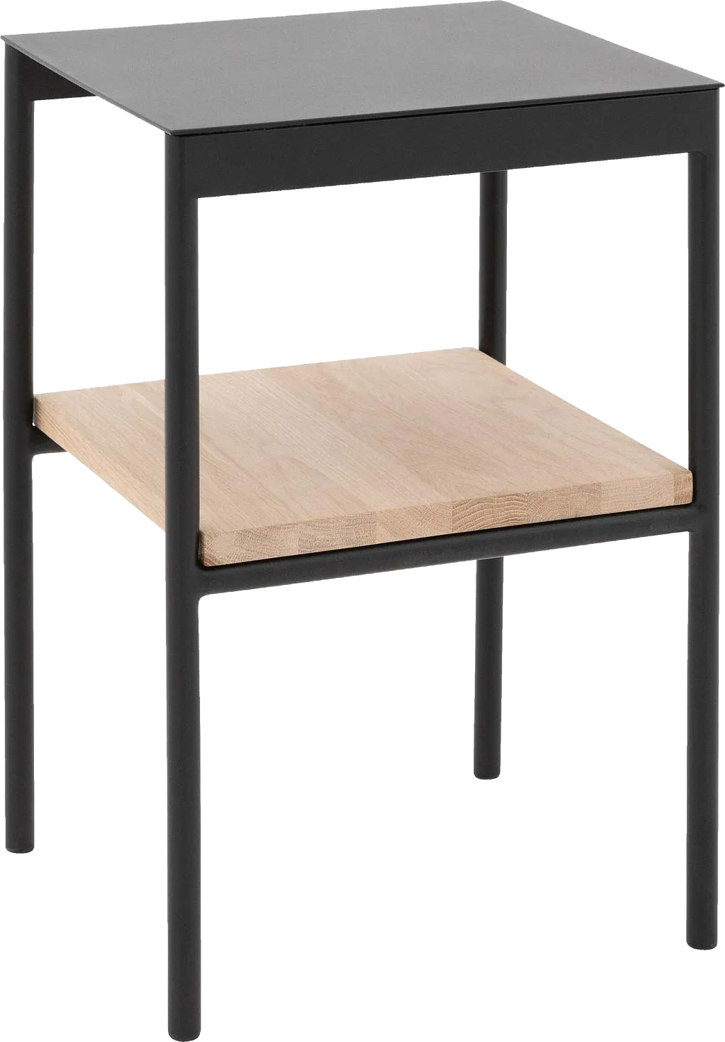 Goossens Nachtkastje Duc, Metaal ral 9005 zwart, tussenblad massief eik, 36,5 x 33,5 x 56 cm hoog