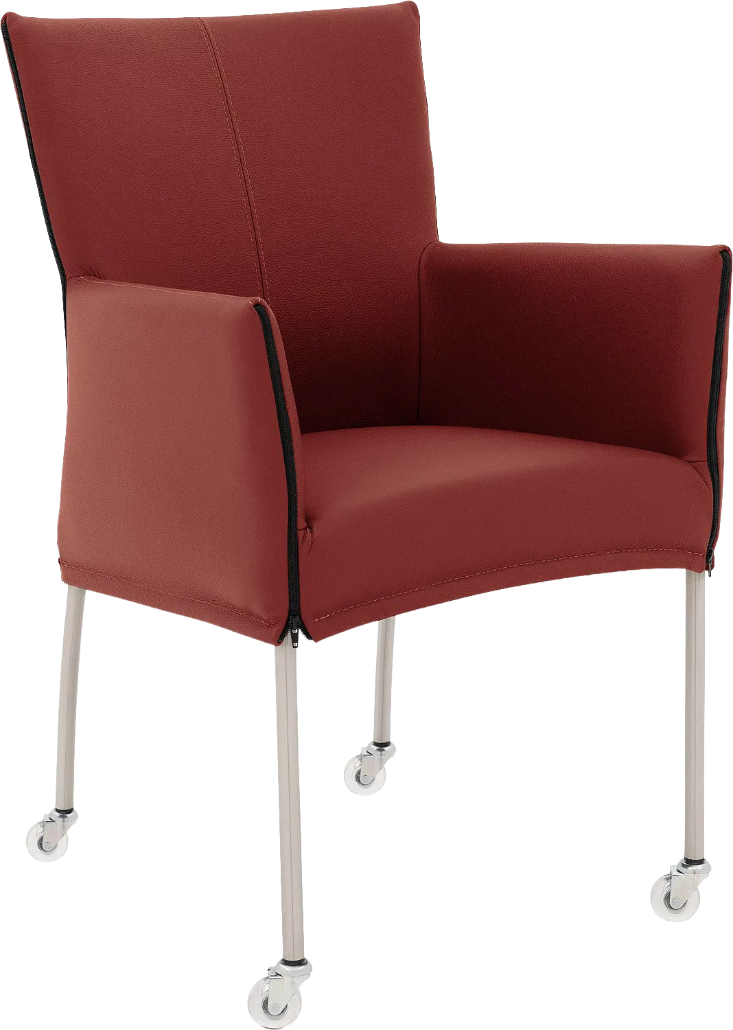 Goossens Eetkamerstoel Funk RVS Poten rood leer met armleuning en met wielenTransparant skater wiel met rvs kap, modern design